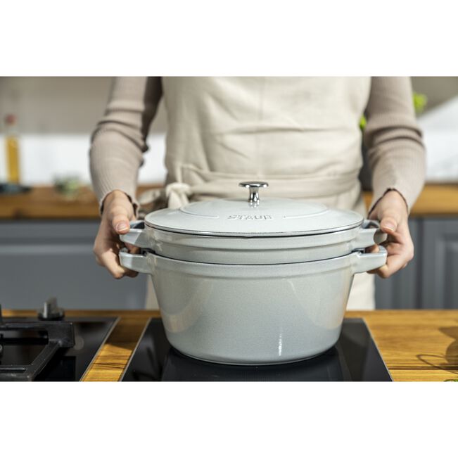 Staub Stackable set - тенџере и тава со капак, 24 см, white truffle - слика 4